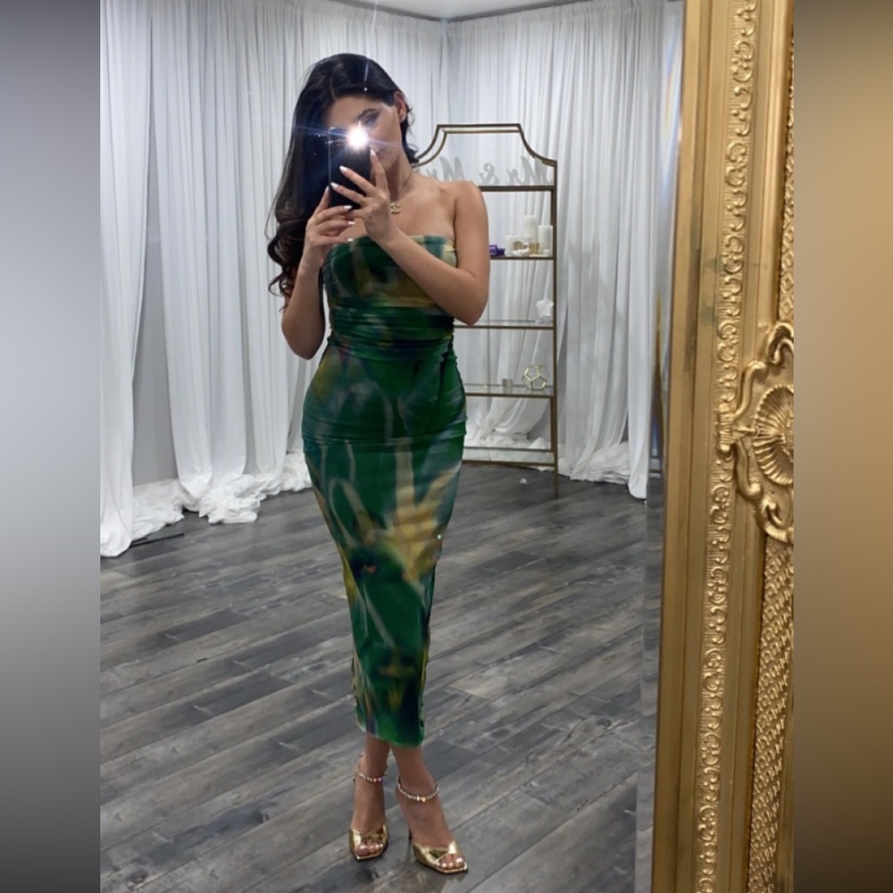 Zara Green Marble Print Strapless Midi Dress